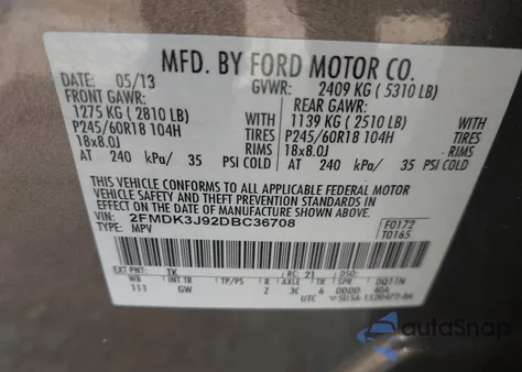 2013 Ford Edge Sel z USA, uszkodzony, nr VIN 2FMDK3J92DBC36708